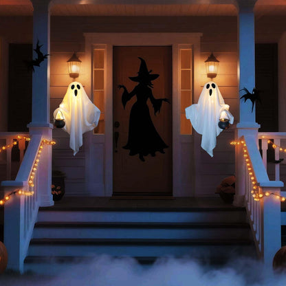 [Timer] 2 Pack Halloween Light Up Ghost Decorations, Battery Operated Flying Hanging Ghosts Glowing Led Lights Remote Control 8 Lighting Modes Floating Swinging Yard Garden Porch Outdoor Indoor Decor