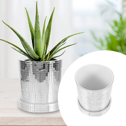 Outanaya Disco Planter Pot for Indoor and Outdoor Succulents Plastic Flowerpot with Silver Mirror Finish Small Decorative Container for Home and Garden