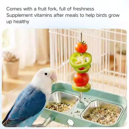 Bird Feeder Birds Bowls Stainless Steel Dishes Coop Cups with Fruit Skewer, Parrot Feeding Dish Cups Food Water Bowls with Bird Food Holder for Budgies Lovebirds (Blue,Square)