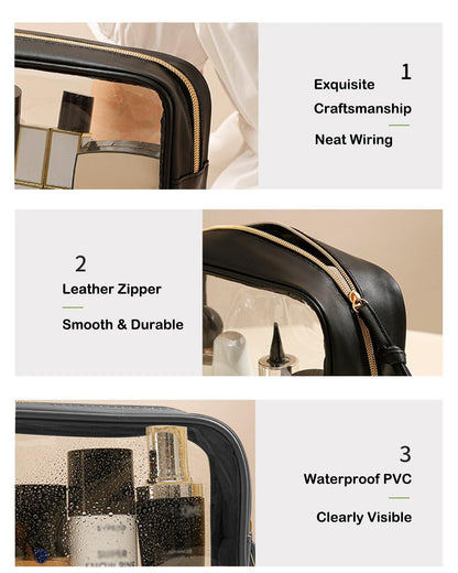 3Pcs Travel Clear Makeup Bag Set for Women, Transparent Toiletry Bag with Zipper Portable Makeup Pouch Organizer Waterproof Small Cosmetic Bag Compact Car Bag Organizer Car Accessories (Black Set)