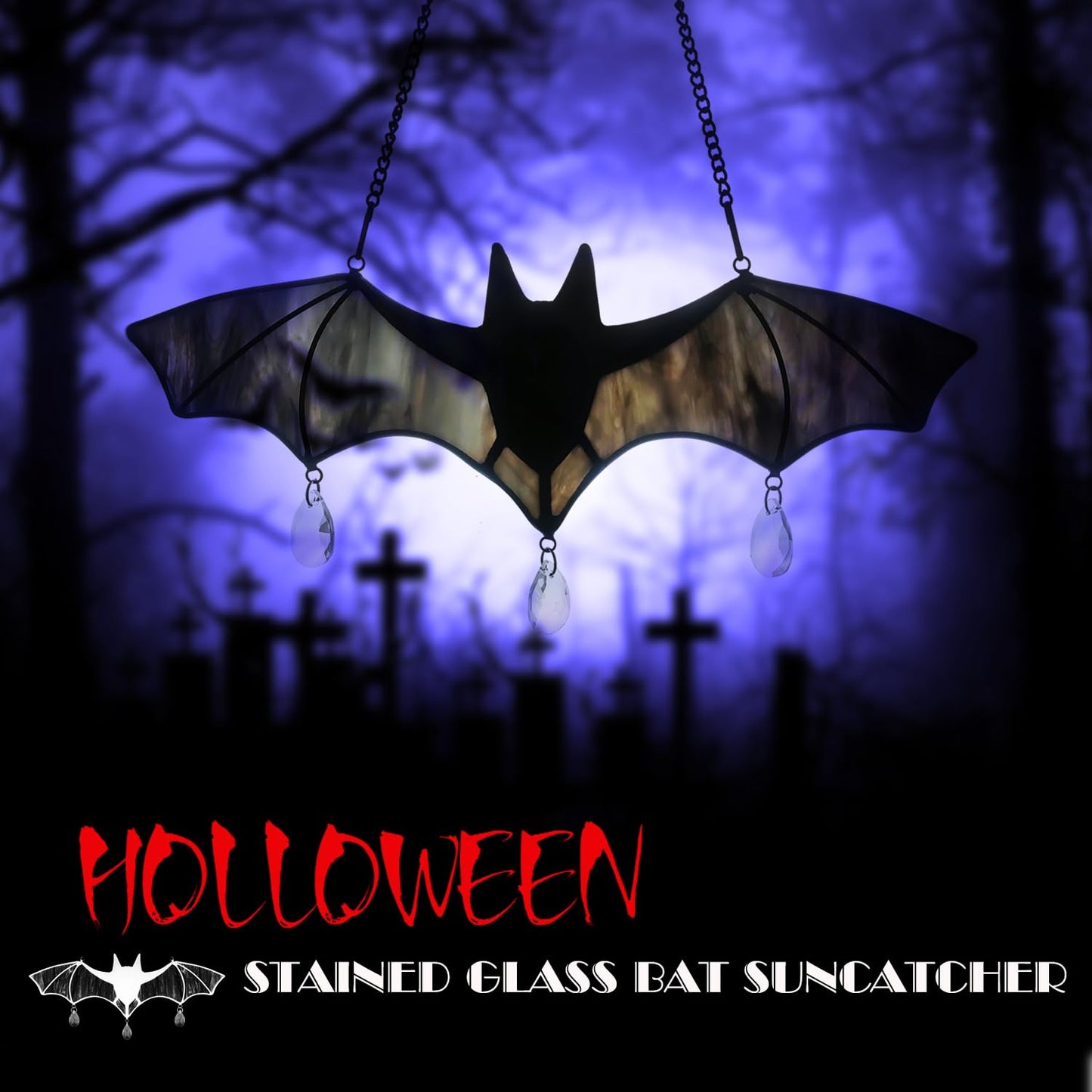 WeDcpcin Bat Stained Glass Window Hanging Sun Catcher (Grey) Halloween Decoration