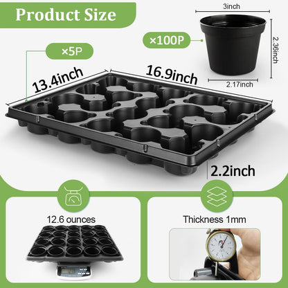 RooTrimmer 3 Inch Plastic Plant Pots 100 Pcs with 5 Pcs 20 Cell Seed Starter Trays, Thick Black Small Nursery Pots and Propagation Shuttle Trays for Seed Starting, Plant Propagation Starter Kit 5 Sets