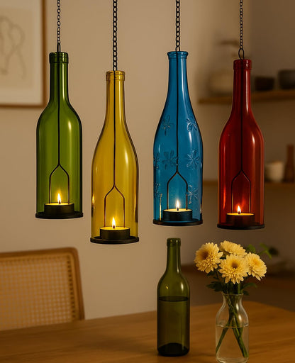 AceList 4-Pack Hanging Candle Holder for Cut Glass Bottles – Rustic Black Iron DIY Wine Bottle Lantern for Patio, Wedding, Halloween, Christmas Décor & Gift