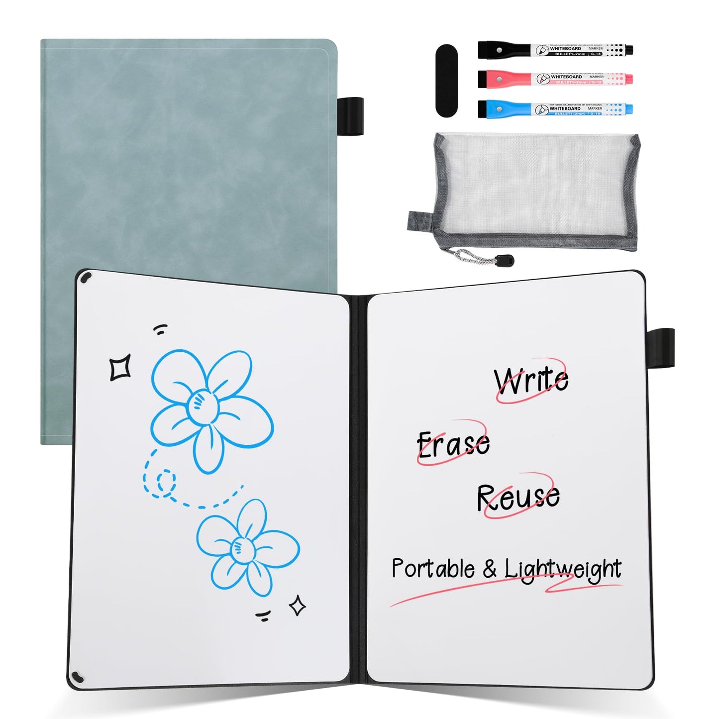 AGM Portable White Board Dry Erase Notebook, 8.4" x 6" Double Sided Folding Whiteboards with 3 Pens, Small Travel Dry Erase Board Skin-Friendly Material for Study, Meeting, Planning, Ocean Blue