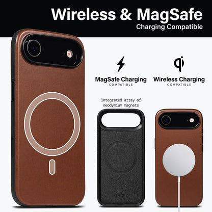 KORDIZ Impact Leather Case for iPhone 17 Air – Full-Grain Leather MagSafe Case with Camera Control Button – 360° Shockproof Bumper – Rugged Patina-Ready Protection – Slim Grip Cover (Dark Brown)