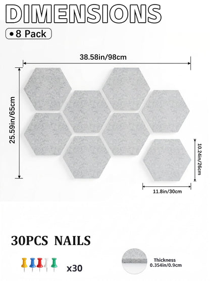 Uoisaiko 8 Pack Hexagon Felt Bulletin Board Tiles - 12" Large Thick Pin Board for Walls with 30 Push Pins, DIY Boards for Office Home School Decor, Aesthetic Hex Cork Board Alternative
