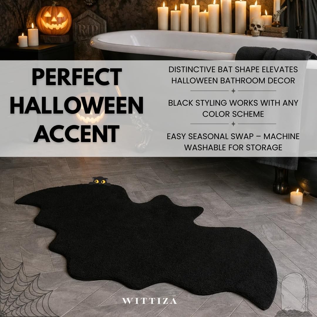 WITTIZA Bat Bath Mat - Black Gothic Bathroom Rug, Non-Slip Quick Dry Microfiber, Soft Plush for Halloween Decor & Goth Home, Machine Washable, 36" x 20"