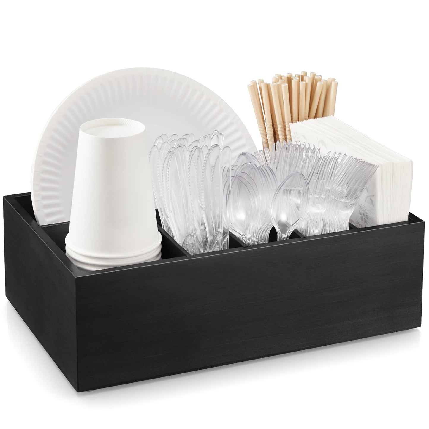 GCWSTJK Black Utensil Holder for Party - Wooden Paper Plate and Utensil Caddy for Countertop - Silverware Caddy for Cup Fork Spoon Napkin - Cutlery Organizer for Kitchen Camping Buffet Picnic