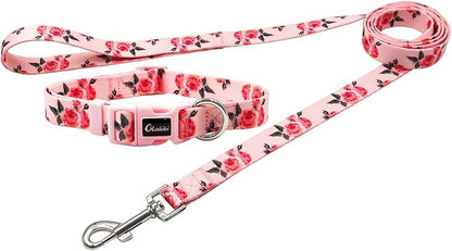 Dog Collar and Leash Set, Cute Rose Pattern, Polyester Material, 5ft Leash, for Medium Dogs.(Medium,Pink Rose)