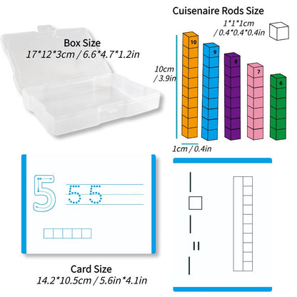 Math Task Boxes Set of 5 Math Manipulatives Themes 230+ Pieces of Number Rods, Base Ten Blocks, Ten Frame Disc Counters, Place Value Blocks, 0-9 Numbers, 3D Shapes, Activity Cards (Number Rods)