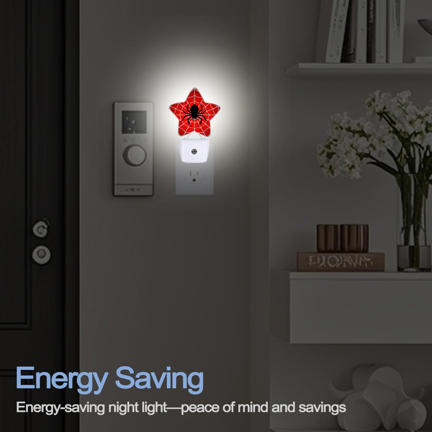 Halloween Red Spider Night Lights Plug Into Wall,Spiderweb Star Night Light for Kids,Nightlight with Dusk to Dawn Smart Sensor for Bedroom Bathroom Decor,Children Women Men Gift