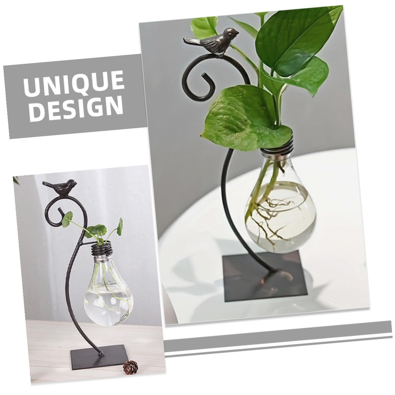 GALPADA Creative Hydroponic Glass Vase with Metal Stand, Small Tabletop Flower Vase Ornament for Home Decor and Plant Propagation, Contemporary Glass Terrarium Planter