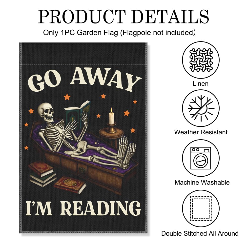 Xipromi Go Away I'm Reading Garden Flag, Funny Skeleton Spooky Halloween Flags for Outside, Porch Outdoor Fall Yard Decor for Book Lovers, Reading Gifts Librarian Gifts for Friend