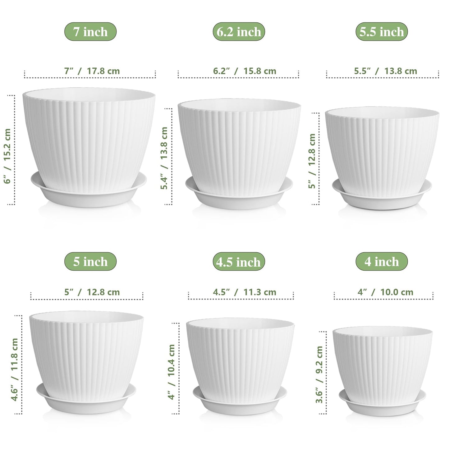 Meowell 7/6.2/5.5/5/4.5/4 inch Plant Pots, 6 Pack Flower Pots for Small Indoor Outdoor Plants, Plastic Planters with Drainage Holes and Saucers for Garden Succulent House Plants, White