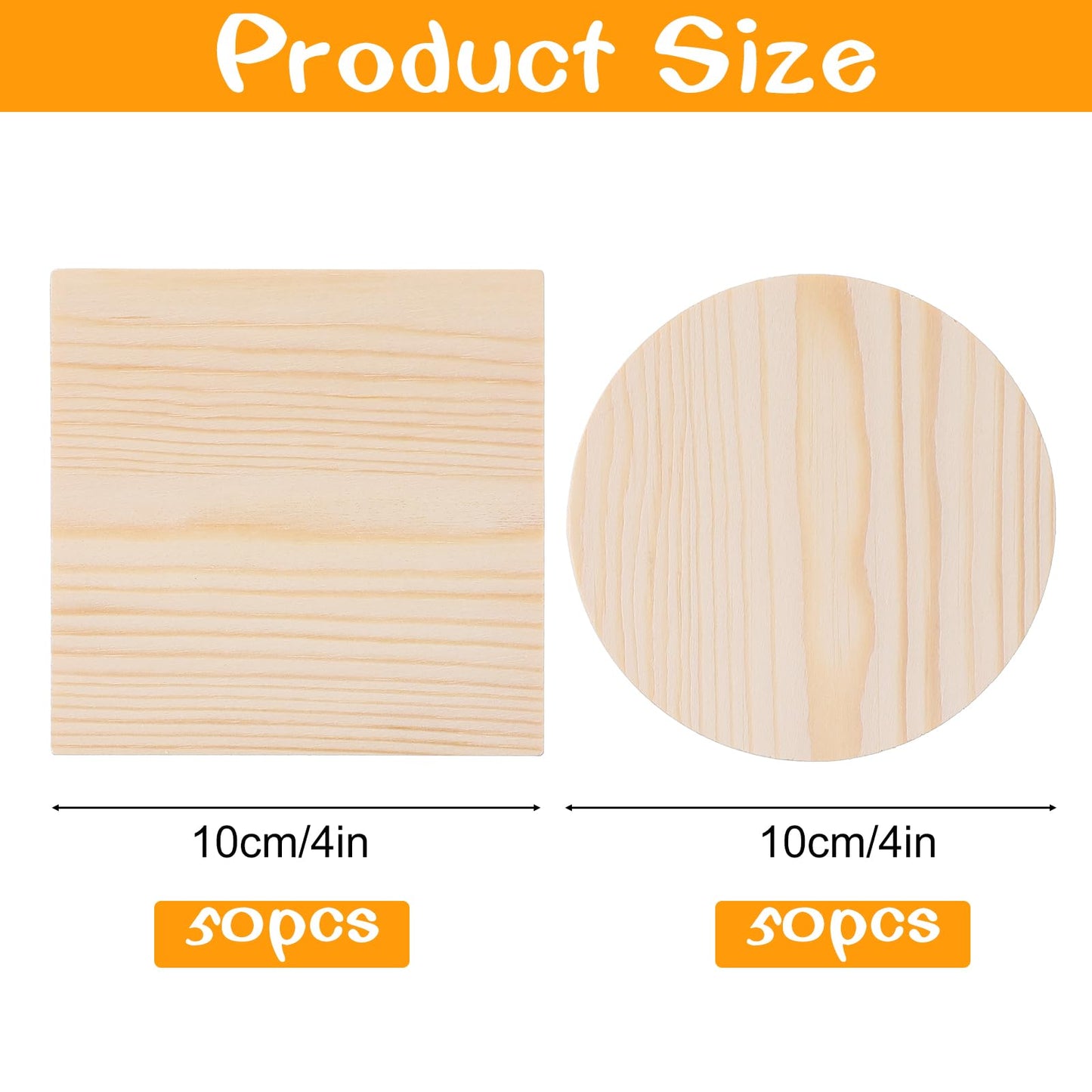 HJZHII 100 Pcs Unfinished Wood Coasters, 4 Inch Blank Wooden Coaster with Non Slip Foam Pad for DIY Stained Drawing Painting Wood Crafts Engraving Home Decoration Supplies(Round, Square)