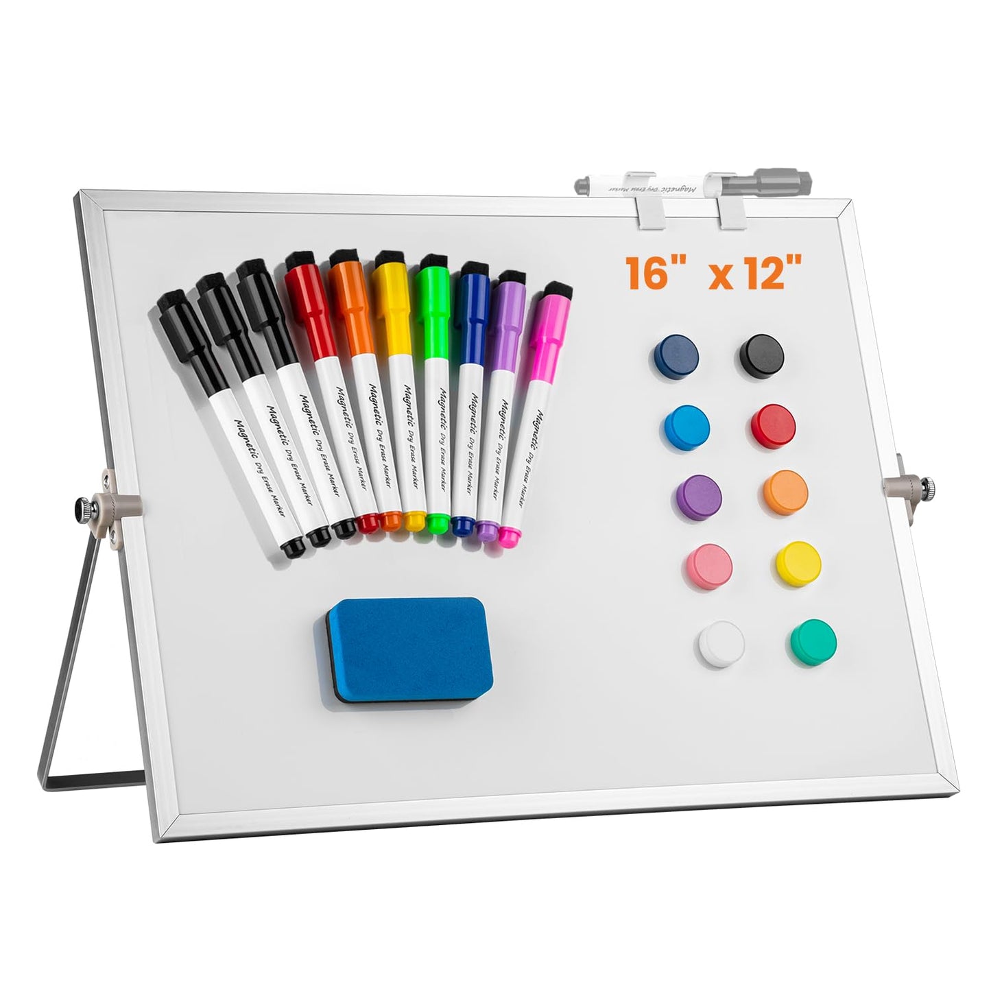 Dry Erase White Board, Aisuoker 16 x 12inch Magnetic Desktop Whiteboard with Stand,10 Markers, 10 Magnets and 1 Eraser, Portable Double-Sided White Board for Kid Drawing Memo to Do and List Wall-White