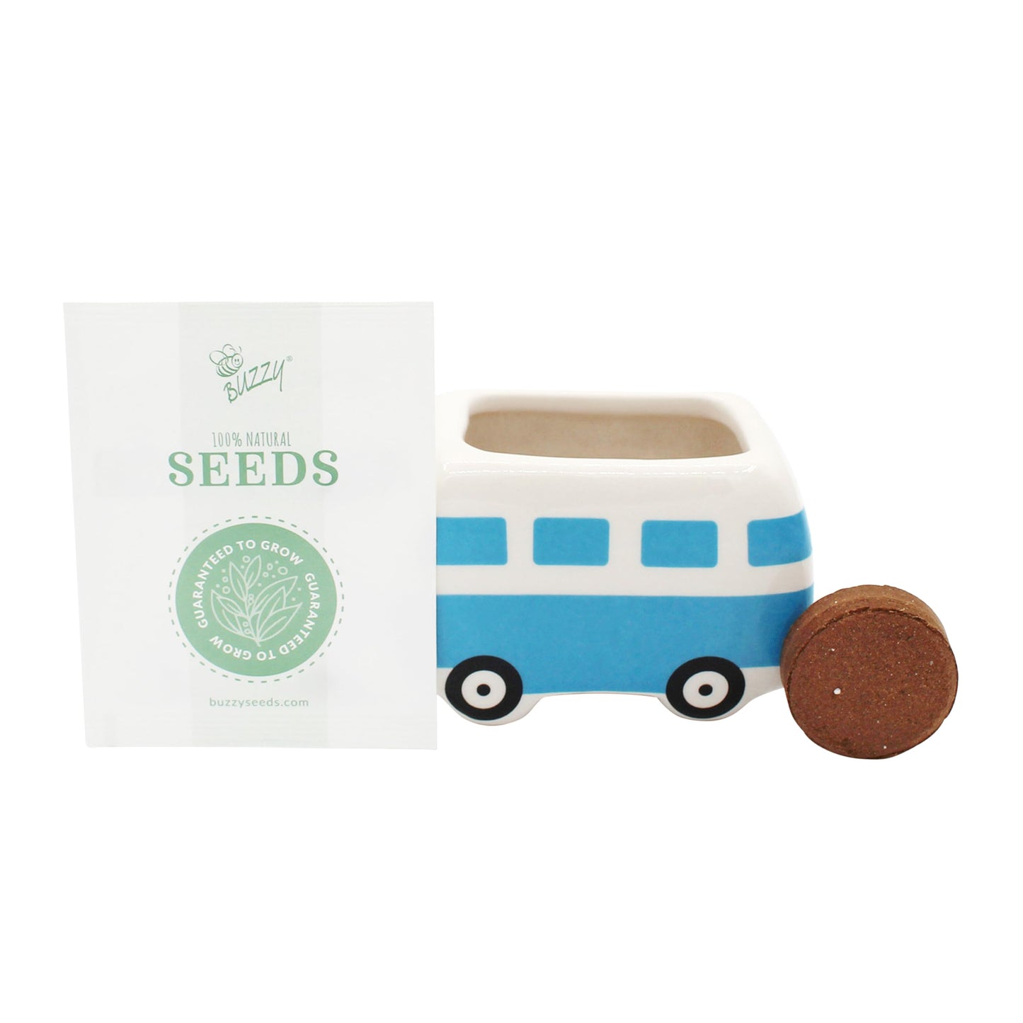 BUZZY Seeds Mini Ceramic Flower Bus Grow Kit, 4-Pack – Colorful Retro Bus Planters with Daisy, Cosmos, Calendula & Coneflower Seeds, All-in-One Seed Starter Gift Set
