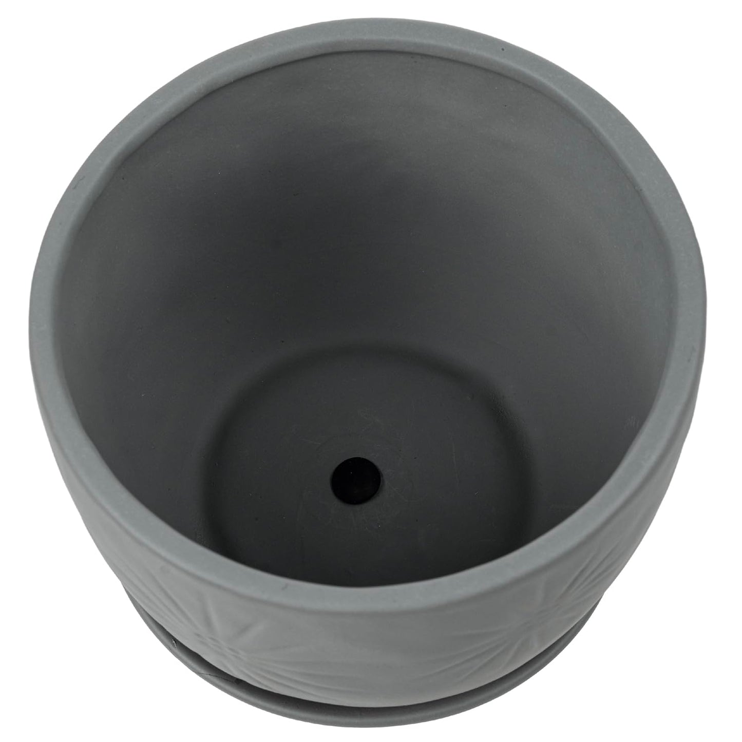 MyGift 7 Inch Grey Ceramic Plant Pot with Drainage Hole and Attached Saucer, Modern Decorative Embossed Sunburst Planter Container for Indoor Home Garden