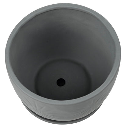 MyGift 7 Inch Grey Ceramic Plant Pot with Drainage Hole and Attached Saucer, Modern Decorative Embossed Sunburst Planter Container for Indoor Home Garden