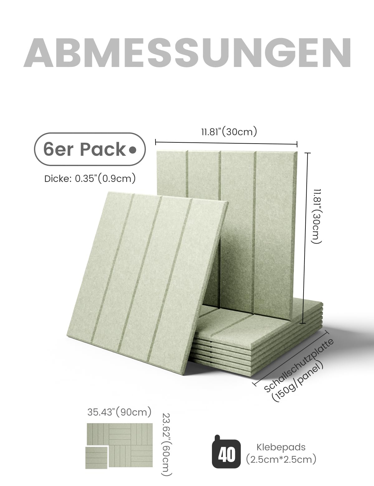 Bumusty Large Cork Board Alternative-36 x 24" Felt Bulletin Board Tiles, with 30 Pushpins, 40 Adhesive Tabs, Bold-Stripe 6-Pack, Cork Boards for Office Push Pin Board Felt Board-Sage