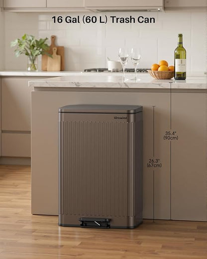Lovewind 60 Liter/ 16 Gallon Stainless Steel Trash Can with Soft-Close Lid, Large Footstep Garbage Can with Roman Texture, Removable Inner Buckets, Recycling Bin for Kitchen Office, Brown