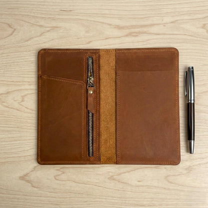 TORAKIP Leather Checkbook Cover – Slim Genuine Leather Checkbook Holder with Zipper Pocket, Checkbook Wallet Organizer for Men & Women, 7" x 3.8", Warm Brown