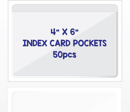Clear Adhesive 4" x 6" Index Card Pockets with Top Open for Loading, 50 Pack, Plastic Labels Holders for Storage Bins and Library Card, Organizing and Protecting Your Index Cards or Photos
