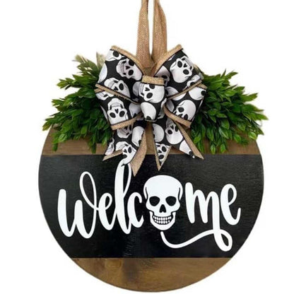 HONYUEYIM Halloween Wooden Hello Boo Ghost Bow Door Sign(Skull)
