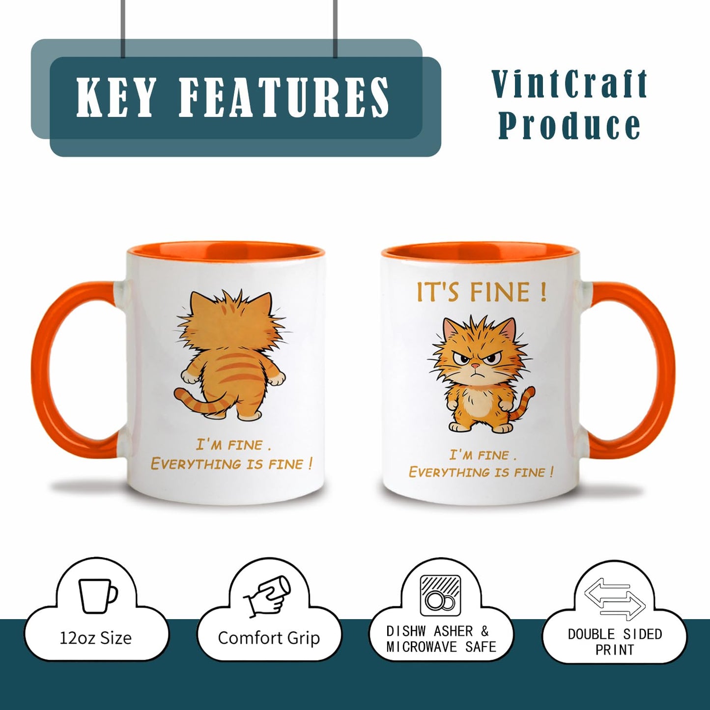 VintCraft Sarcastic Pet Lover Mug - 12oz Ceramic Double-Sided Design, Orange Interior, I'm Fine Everything Is Fine Phrase, Microwave & Dishwasher Safe, Comfort Grip