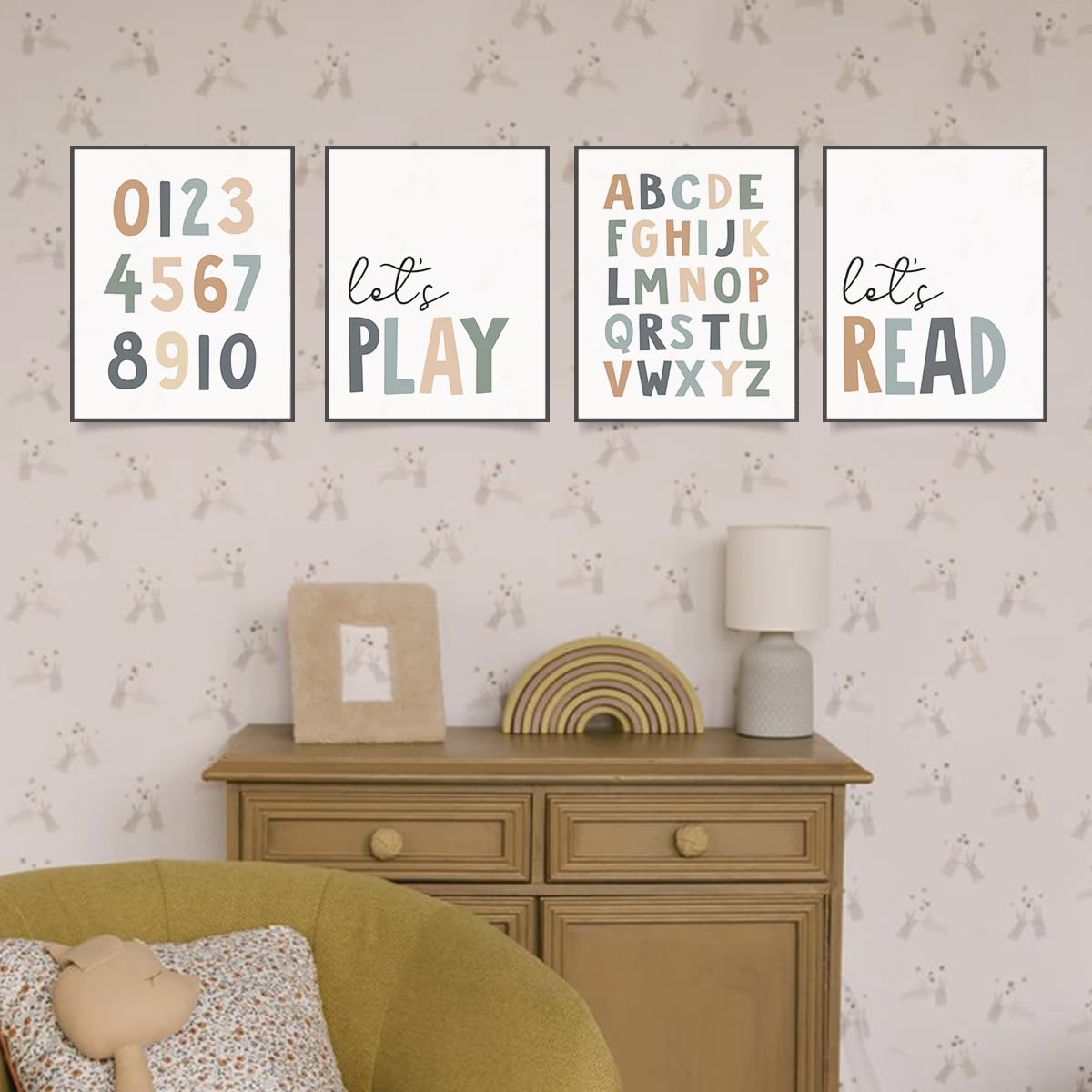 PLKMN Let's Play Read Wall Art Set of 4, Educational Posters, Montessori Classroom Decor, Neutral Kids Decor,Alphabets Number Prints for Nursery Classroom,8x10 Unframed - Boho