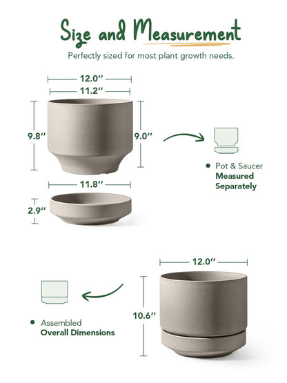 LE TAUCI 12 Inch Pots for Plants with Saucer | Ceramic Outdoor & Indoor Planter Pot for Plants | Drainage Hole, Mesh Pad | Unglazed Porous | Modern for Home, Office and Patio – Neutral Gray