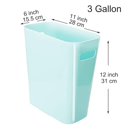 Youngever 2 Pack 3 Gallon Slim Trash Can, Plastic Garbage Container Bin, Trash Bin with Handles for Home Office, Living Room, Study Room, Kitchen, Bathroom (Mint)
