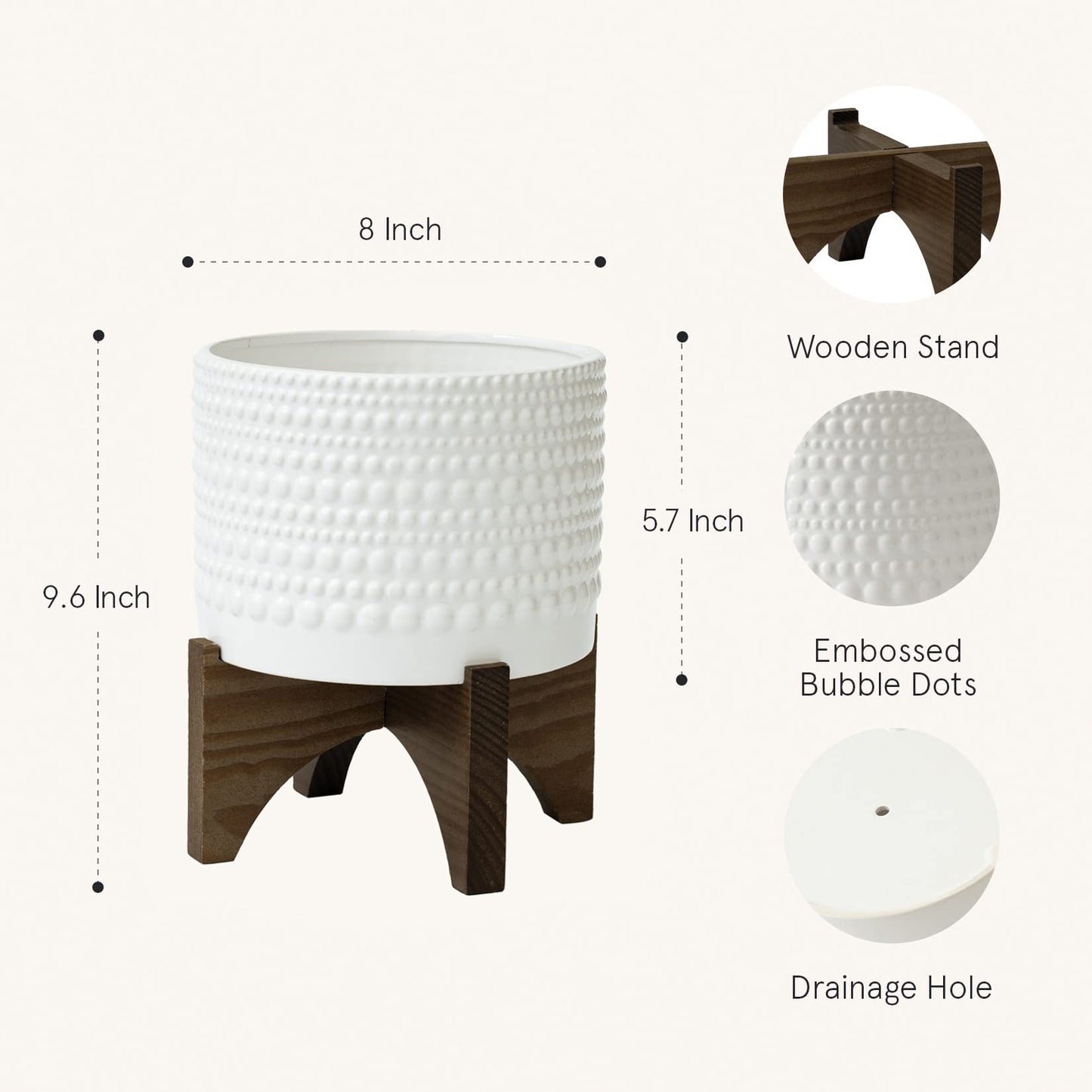 LA Jolie Muse Ceramic Planter with Wood Stand - 8 Inch White Cylinder Embossed Hobnail Patterned Flower Plant Pot Indoor