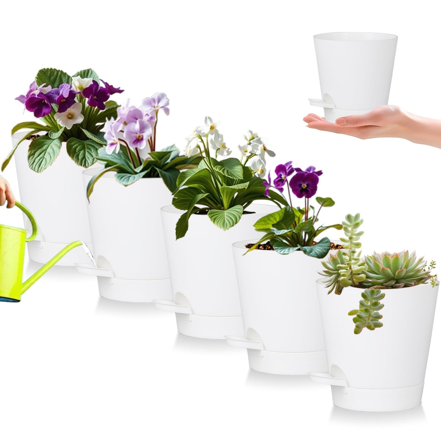 zople 5 Pack 5 Inch African Violet Pots Self Watering, Self-Watering Planters with Drainage Holes & Reservoir, White Plastic Pots for Indoor Outdoor Plants, Succulents & Flowers
