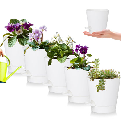 zople 5 Pack 5 Inch African Violet Pots Self Watering, Self-Watering Planters with Drainage Holes & Reservoir, White Plastic Pots for Indoor Outdoor Plants, Succulents & Flowers