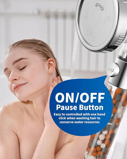 Filtered Shower Head for Hard Water with Stop, High Pressure 4-Mode Shower Heads Built-in Power Spray to Clean Corner, Tub & Pets, Water Softener Handheld Shower to Remove Chlorine & Fluoride