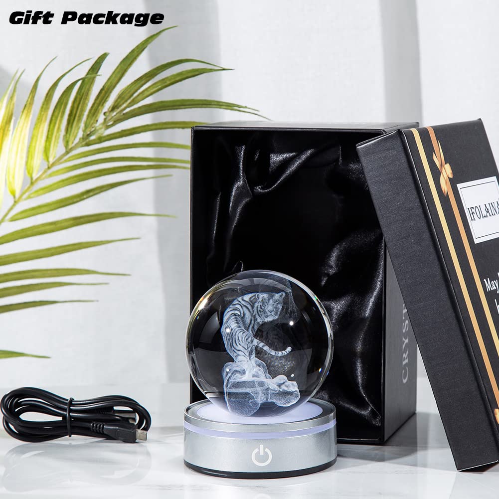 IFOLAINA Tiger Lovers Gifts for Men Women Birthday Anniversary 3D Crystal Ball White Tiger Figurine Lamps Decorations Animal Statue Presents for Him