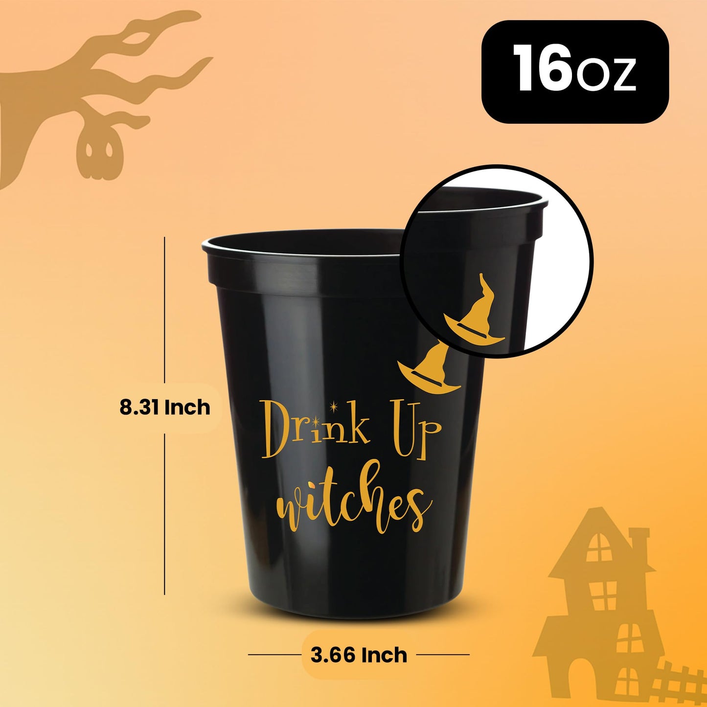 Drink Up Witches Halloween Cups For Adults, Set of 12 Black Party Cups, 16 Oz Each Reusable Plastic Cup, Halloween Party Favors For Adults, Perfect Spooky Cup for Drinkware and Decorations