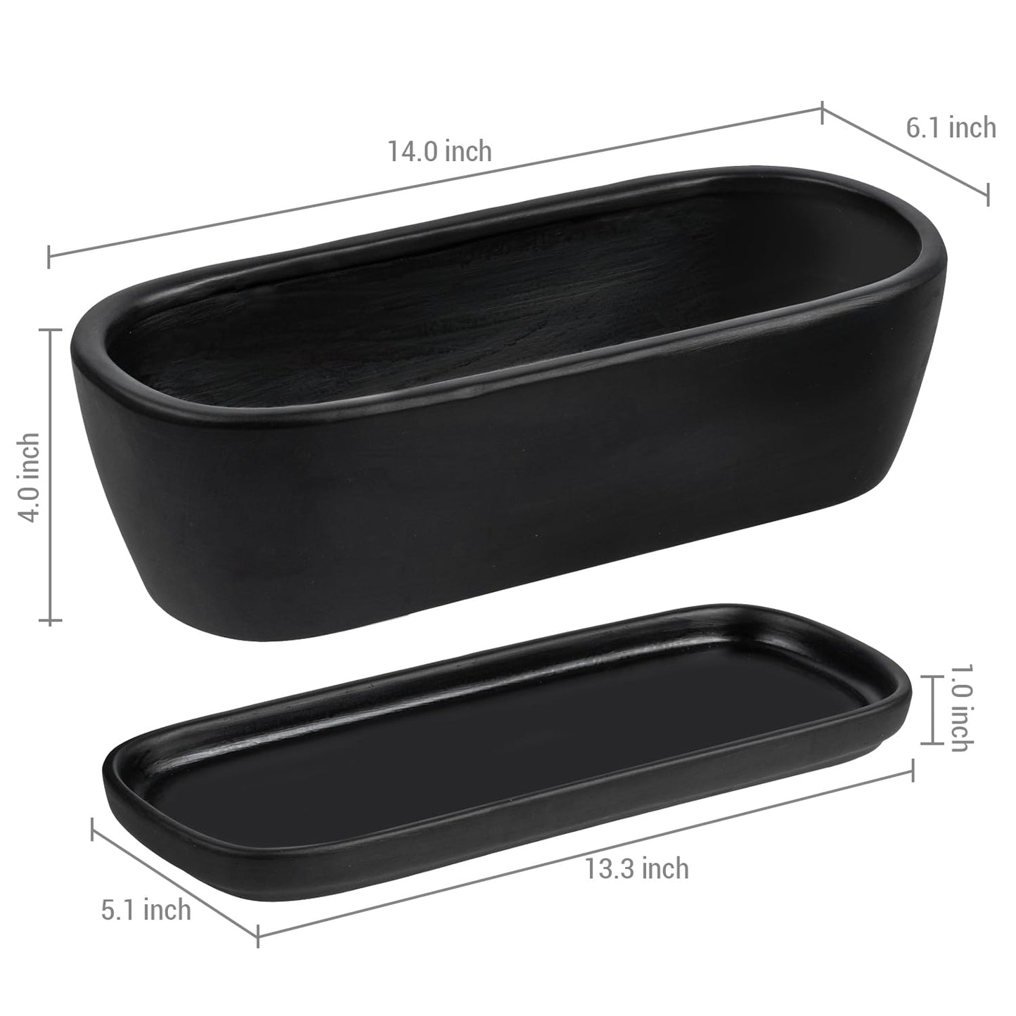 MyGift 14 Inch Oval Modern Matte Black Ceramic Succulent Planter Pot with Drainage Hole and Removable Saucer, Decorative Indoor House Plant Container for Flowers, Cactus, Herbs