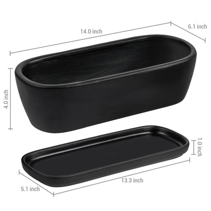 MyGift 14 Inch Oval Modern Matte Black Ceramic Succulent Planter Pot with Drainage Hole and Removable Saucer, Decorative Indoor House Plant Container for Flowers, Cactus, Herbs