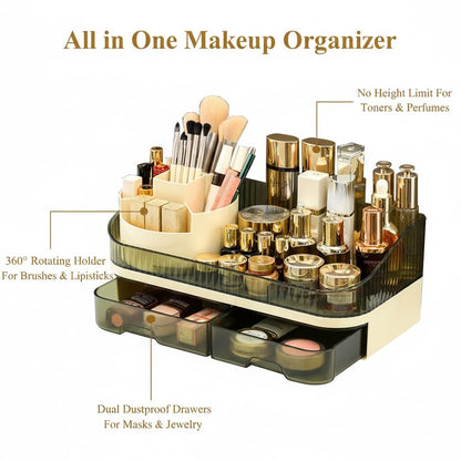 Tidyladyo Makeup Organizer Countertop with Dual Drawers, Large Capacity Cosmetic Storage for Vanity Bathroom Skincare, 360° Rotating Makeup Brush Holder