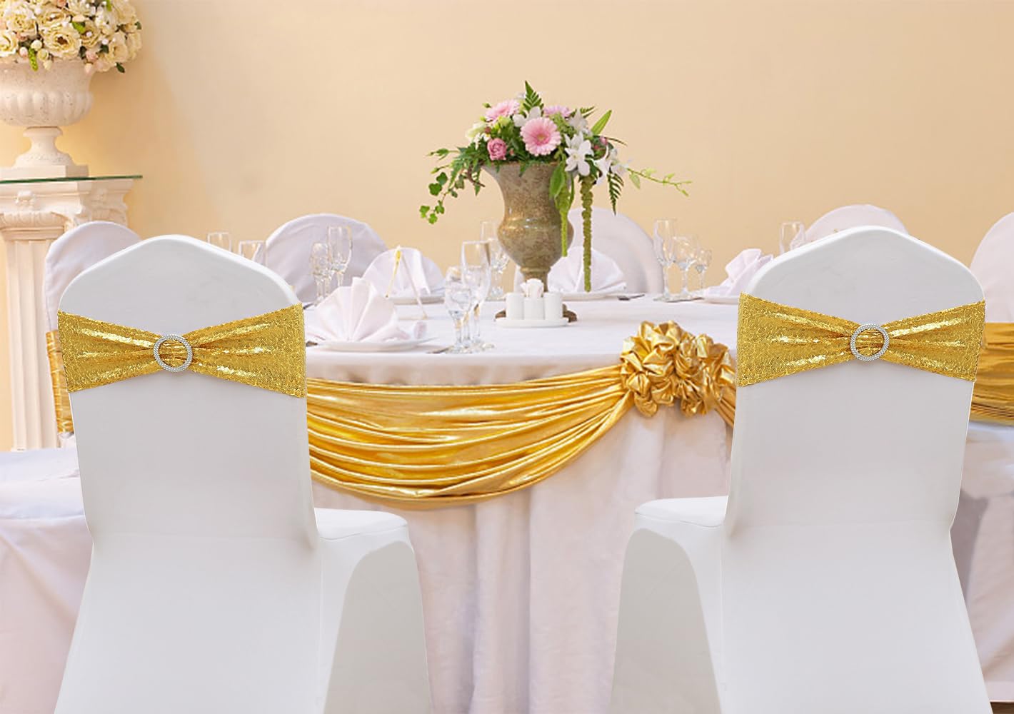 ZSJFMF Full Sparkly Sequins Gold Chair Sashes for Wedding, Shimmering Glitter Chair Bands Bows for Party Ceremony Event Decorations - 50 Pack