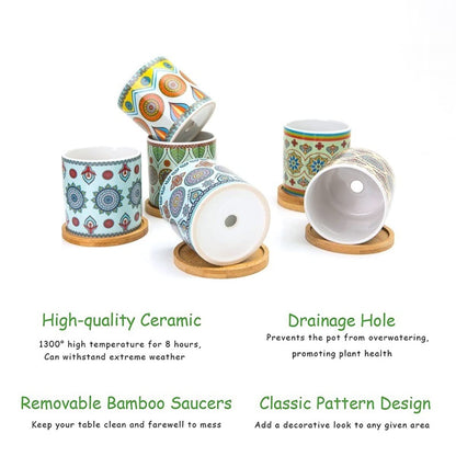 COLOAPT Succulent Plant Pots - 3.1 inch Ceramic Succulent Planter -Cylinder Flower Pots for Cactus with Drainage Hole and Bamboo Tray,6 Pack,Plants not Included