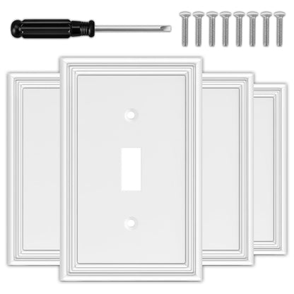 White Decorative Single Toggle Light Switch Covers Wall Plate, Natural Material Switch Plate Covers - Modern Style (1 Gang Toggle 4 Pack)