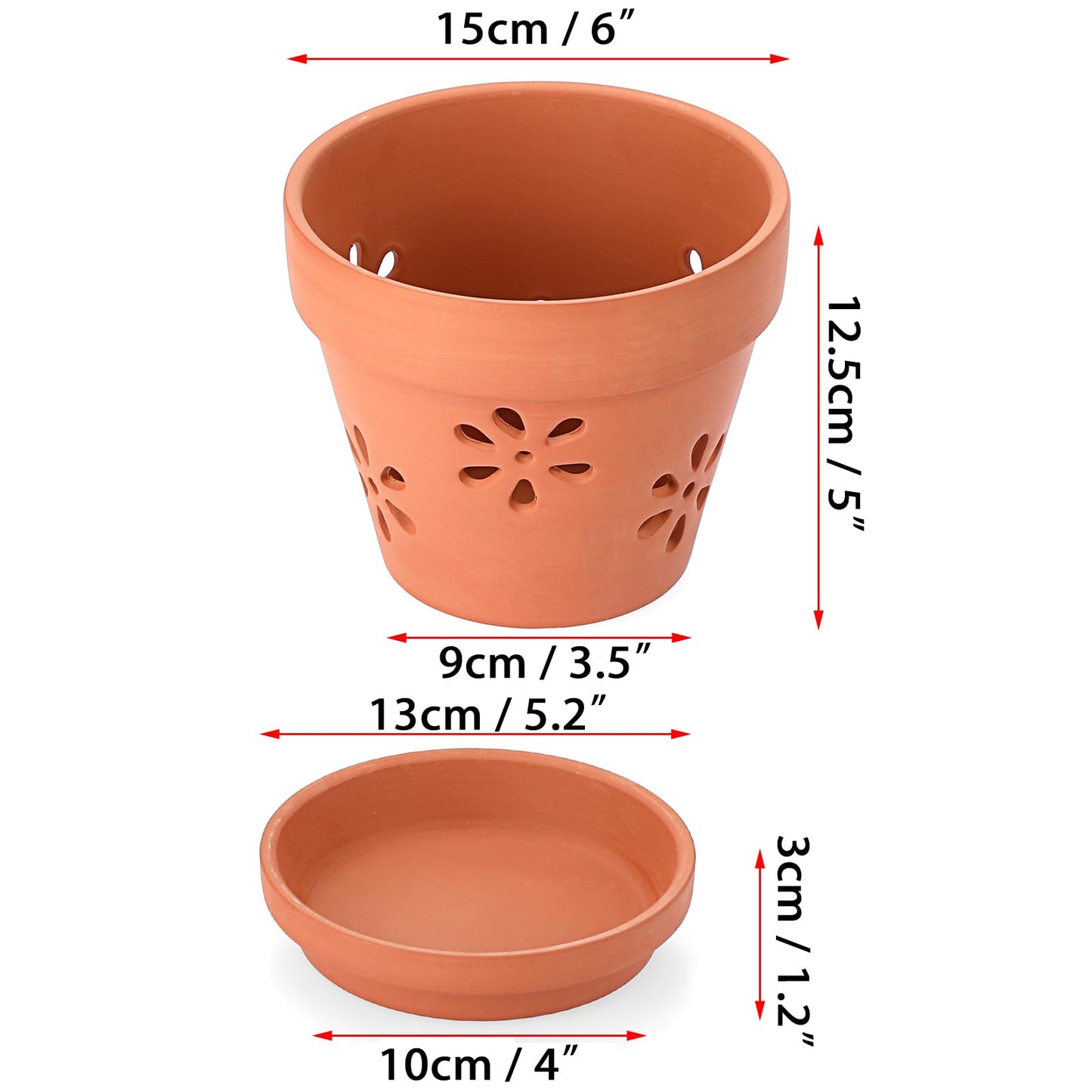 JUXYES Pack of 3 Small Terracotta Orchid Pot with Holes and Saucers, 6 Inches Clay Orchid Planter Pots for Repotting, Plant Flower Pots for Orchid Indoor and Outdoor Promotes Air Circulation