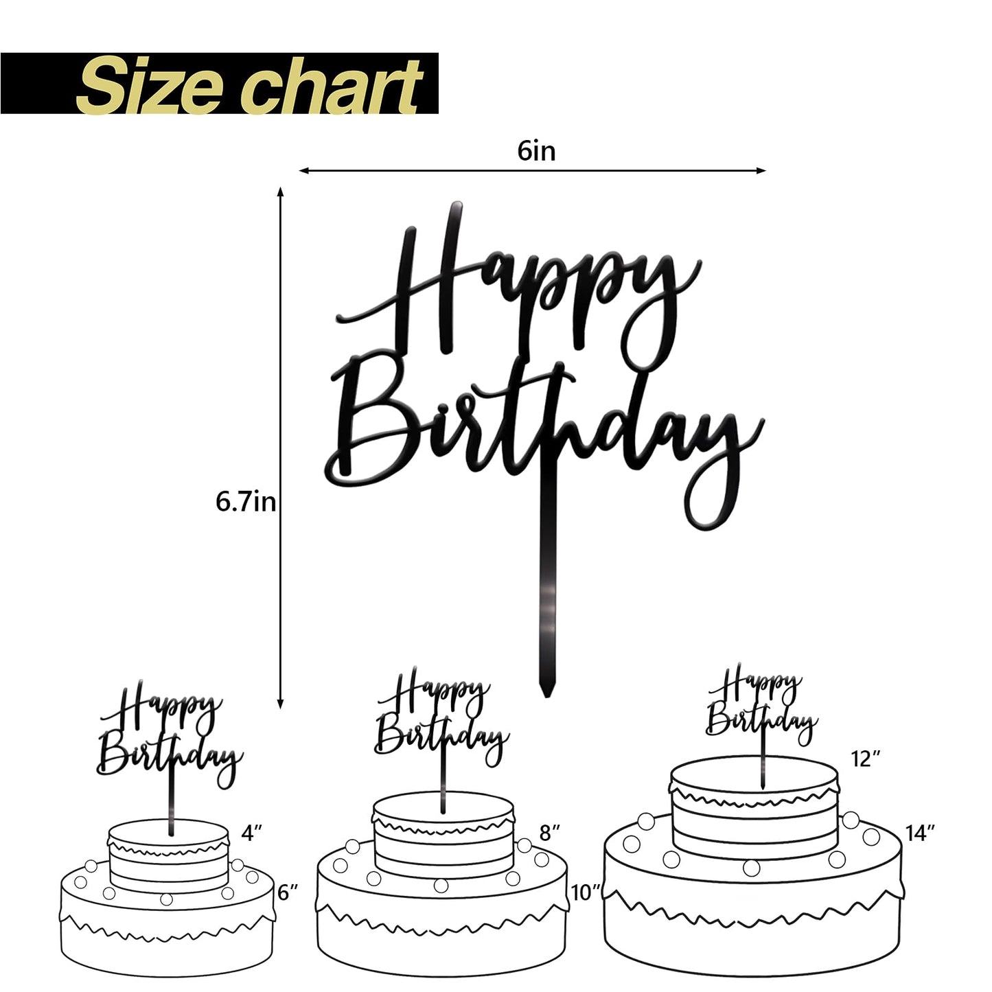 CC TOWN Happy Birthday Cake Topper, Black Acrylic Durable Versatile Cake Topper, Birthday Supplies Decorations (Black)