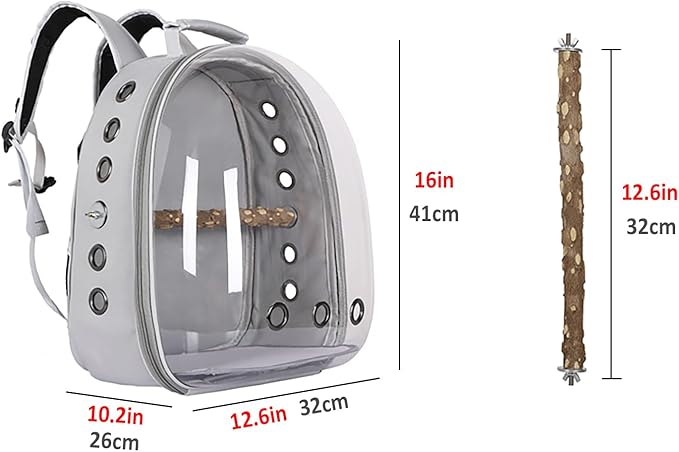 Bird Carrier Backpack with Wood Perch, Transparent Bird Travel Cage, Portable Pet Carrier Backpack, Breathable Hangbag for Vet Transport Camping Hiking (Grey)