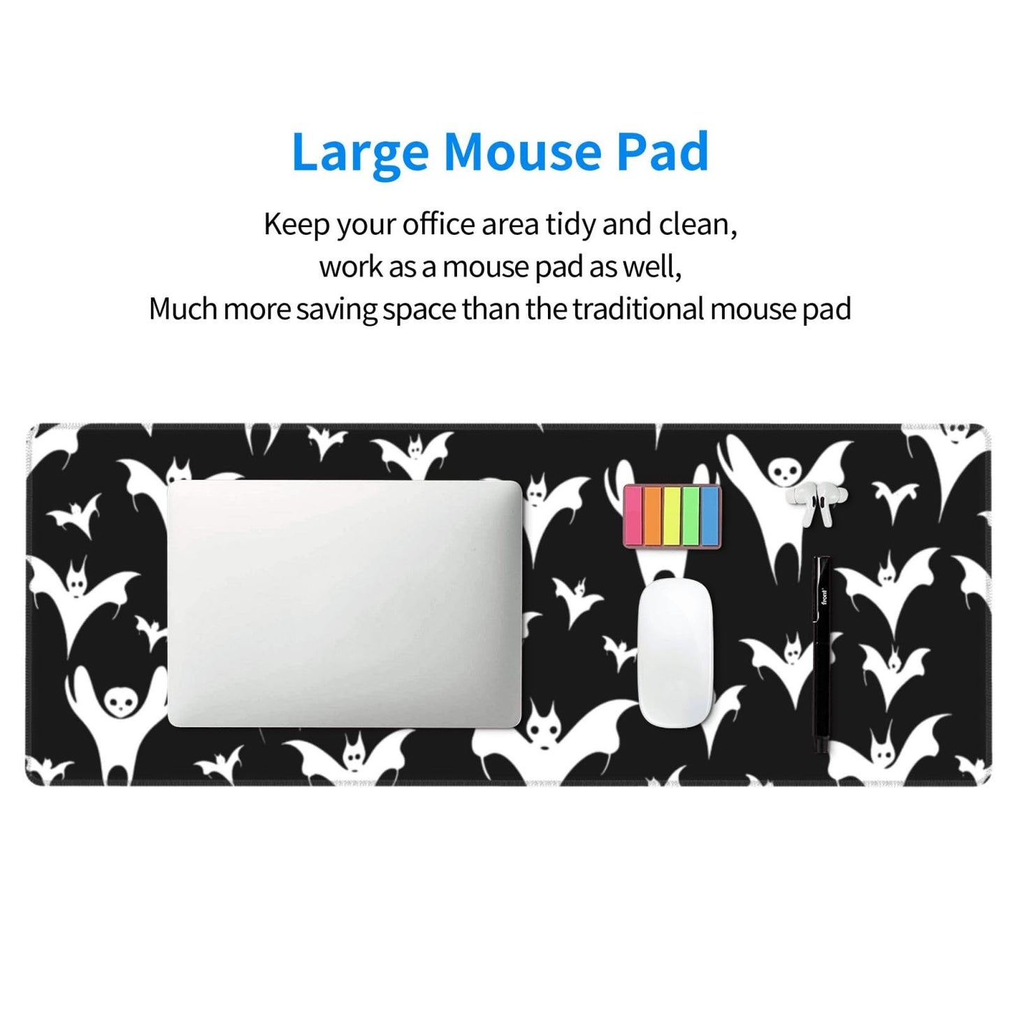 Halloween Goth Bats and Moon Gaming Mouse Pad, Large Non-Slip Rubber Base Mousepad XL 31.5x11.8in, Keyboard Mouse Mat, Desk Pad with Stitched Edges for Gamer Home&Office