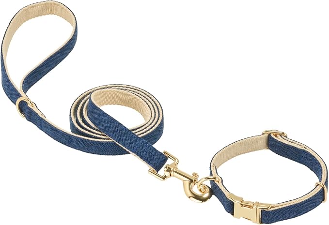 Luxury Soft Cotton Tweed Fabric Dog Collar & Leash Set with Gold Buckle – Durable Fabric, Stylish Design for Everyday Walks(Large Navy)