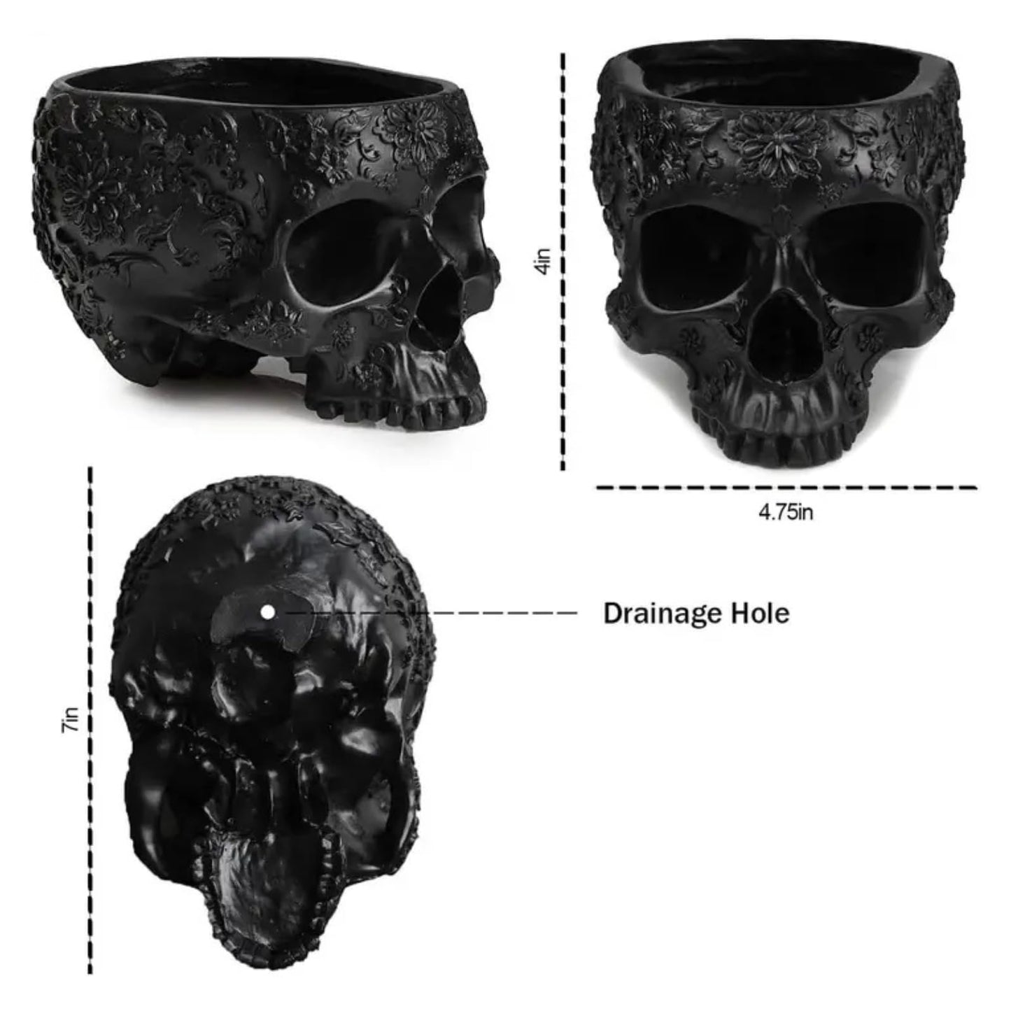 Black Skull Planter Pot 6 Inch Skeleton Head Pot for Succulents Flowers, & Bowl Dish Gothic Decor for Garden Home Parties Haunted House Spooky Black Display Halloween Skull Flower Pot Decoration Gift